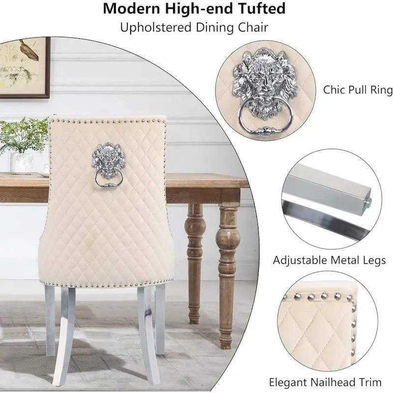 Velvet Dining Chairs Set of 2, Upholstered Tufted Nailhead Dining Room Chairs with Stainless Steel Legs & Lion Head Pull Ring