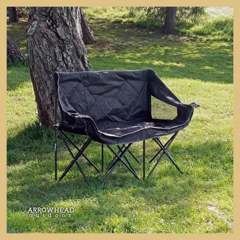 Arrowhead Outdoor Portable Folding Double Duo Camping Chair Loveseat Couch w/ 2 Cup & Wine Glass Holder, Supports up to 500lbs (Charcoal Black)