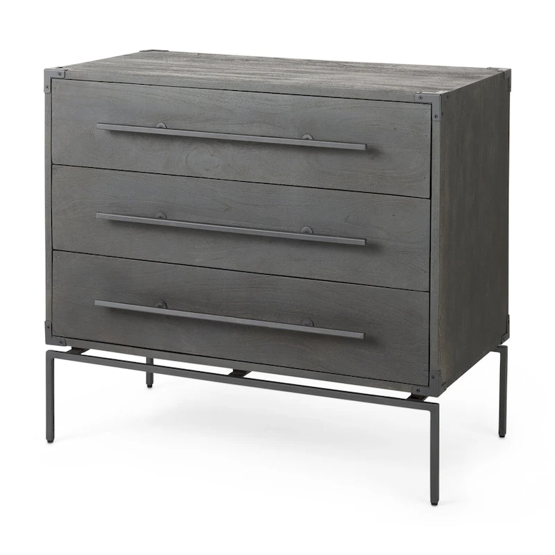 Ward Dark Brown Solid Wood w/ Black Iron Base 3 Drawer Accent Cabinet