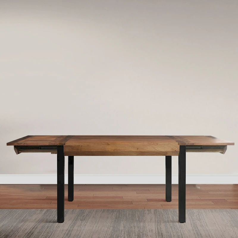 83 Inch Extendable Rectangular Dining Table, Handcrafted Mango Wood with Black Iron Legs