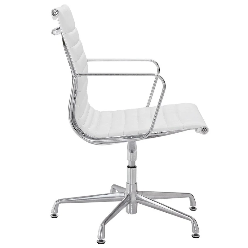 White Genuine Leather Ribbed Mid Back Conference Office Side Chair