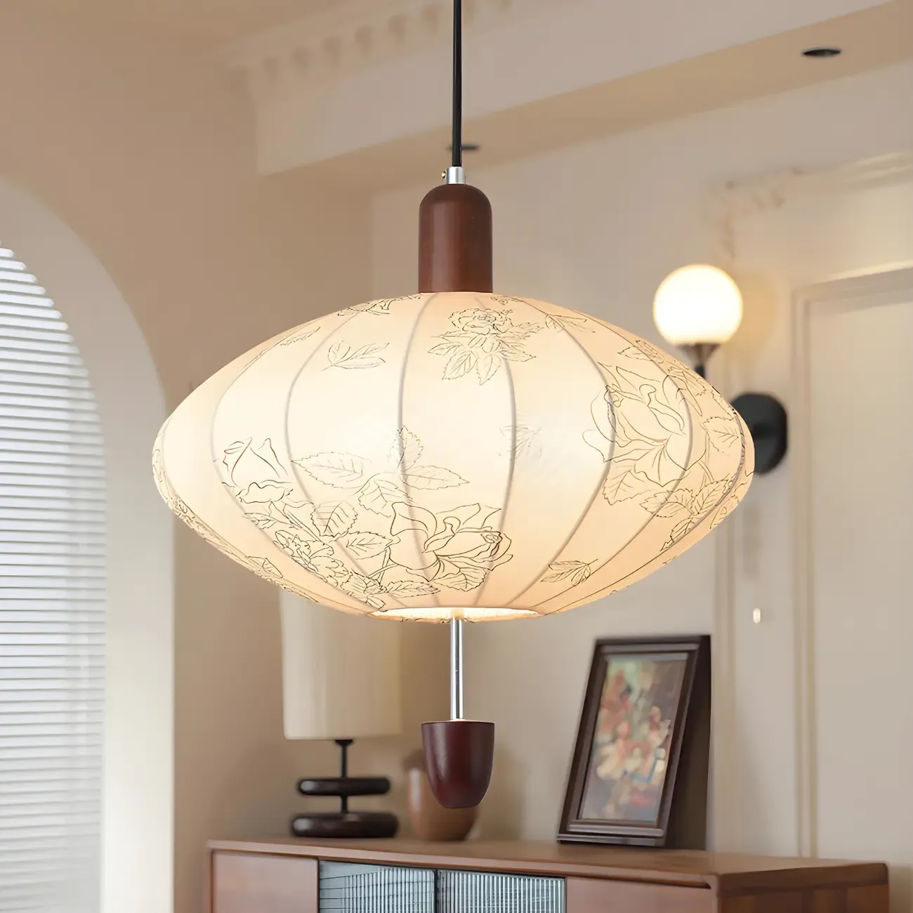 Elegant Flower Pattern Beige Fabric Geometric Chandelier