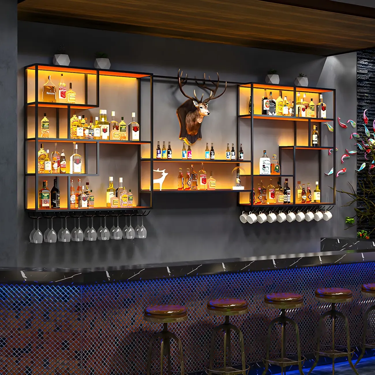 Black Metal Wall-Mounted Wine Rack with Stemware Holder