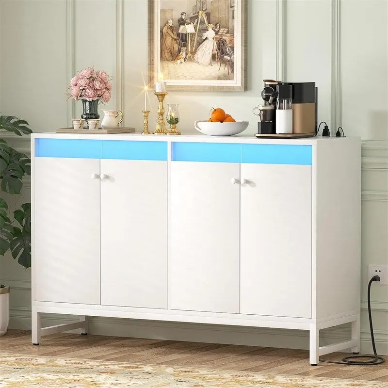 Black Sideboard Buffet Cabinet with Power Outlet, RGB LED, 4-Door, 1-Person