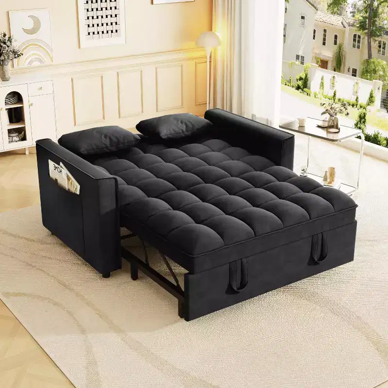 MAYEERTY Sleeper Sofa Couch Pull Out Bed Modern Velvet Convertible Small Love Seat with Pillows Sode Pockets for Small Space Black