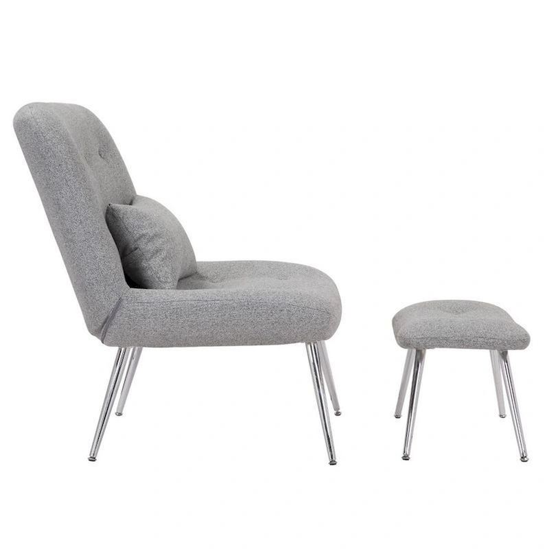 Lea 2pc Modern Lounge Chair and Ottoman Set, Gray Woven Upholstery, Chrome
