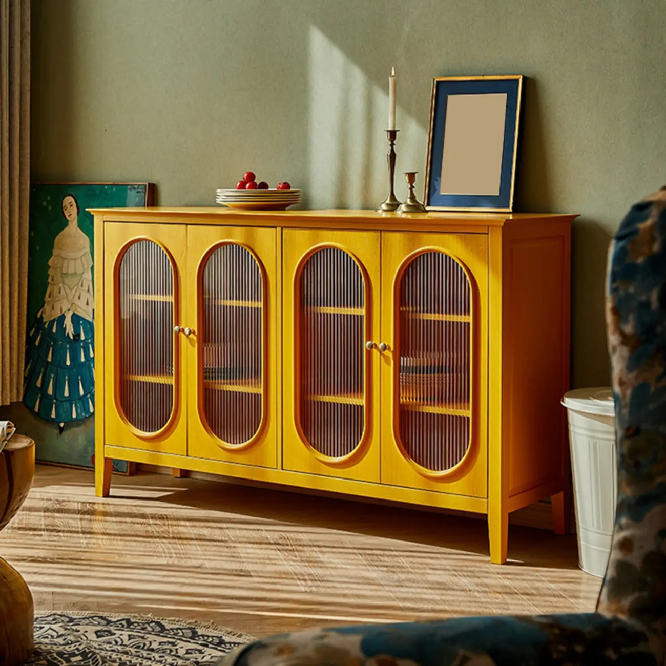 Scandinavian Oak Wooden Oval Fluted Glass Utility Cabinet