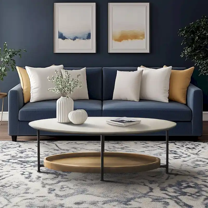 White/Natural Oval Coffee Table with Lower Shelf, 1-Person
