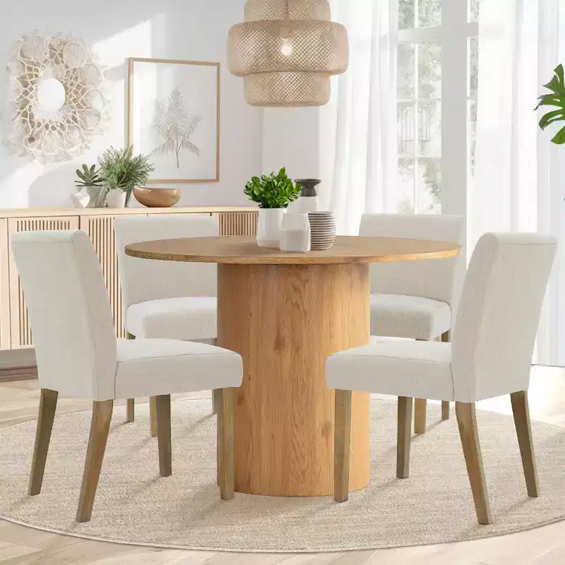 5-Piece Round Dining Table Set & 4 Upholstered Chairs, Modern Wood Pedestal Table Set for Kitchen, Breakfast Nook or Dining Room-Panipeachy