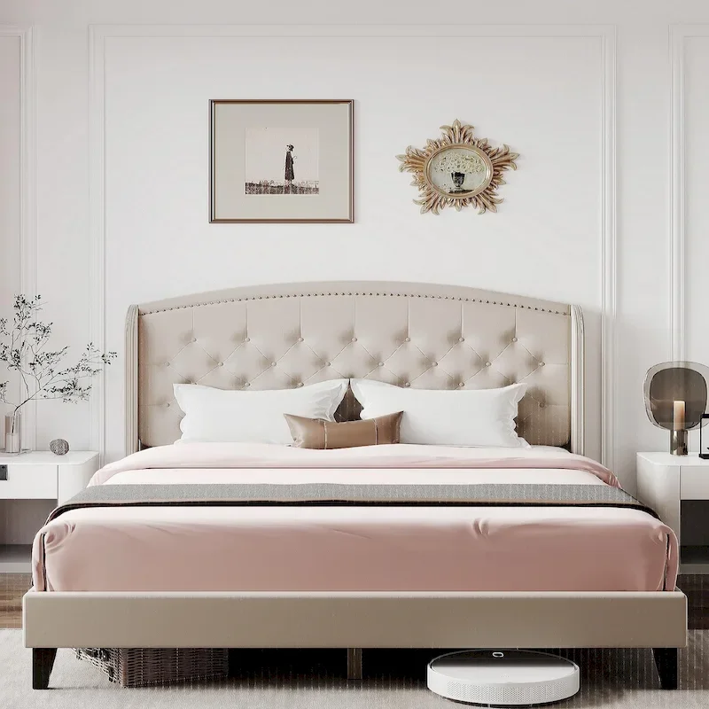 Upholstered Platform Bed Frame with Wingback Headboard