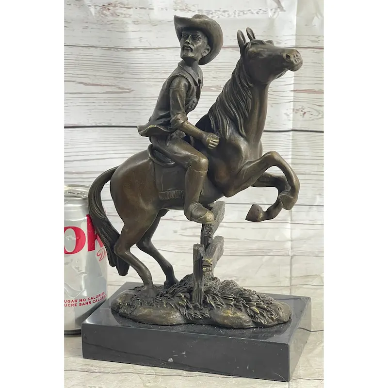 Cowboy On Horseback Hopping A Fence Bronze Sculpture Statue Western Decor