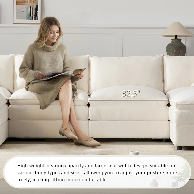 136  U-Shaped Chenille Cloud Sectional Sofa with Dual Ottomans