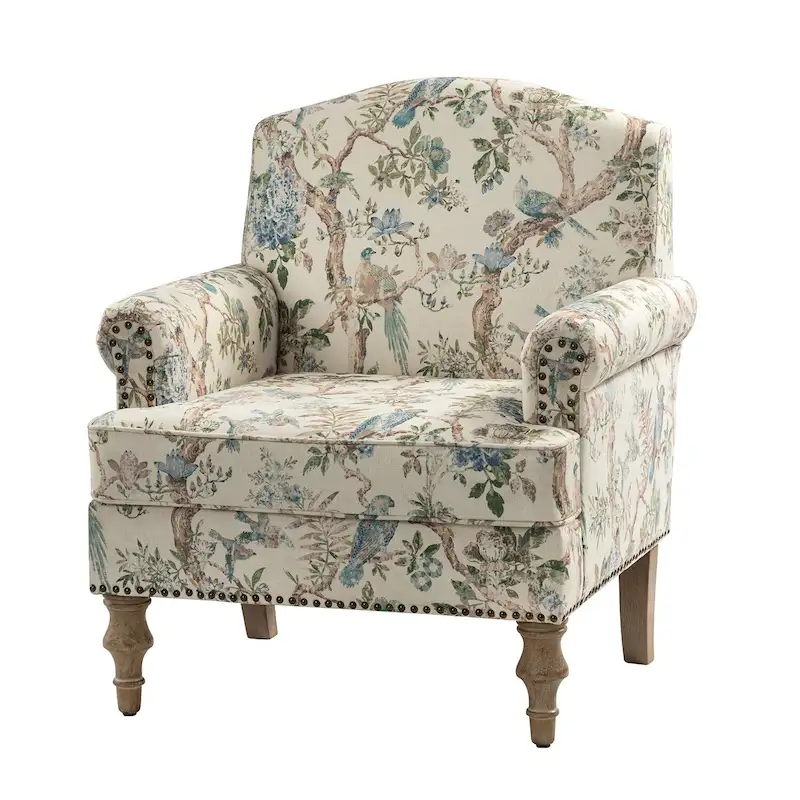 Grey/Navy Farmhouse Nailhead Camelback Armchair, 1-Person