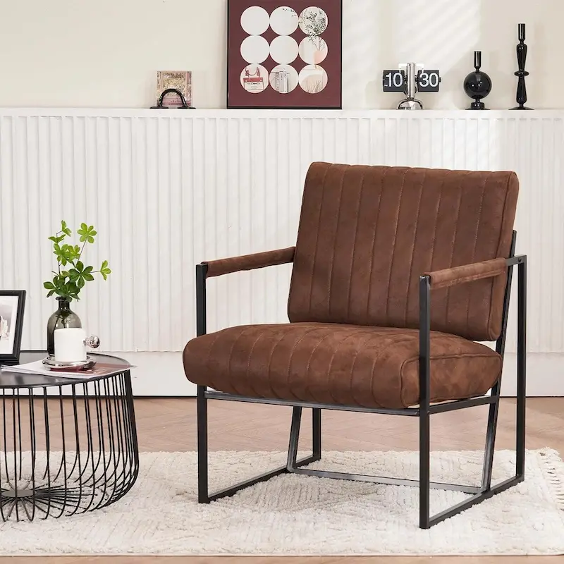 Brown / Black / Gray Blue Striped Upholstered Accent Armchair, Single Seat, Indoor & Outdoor