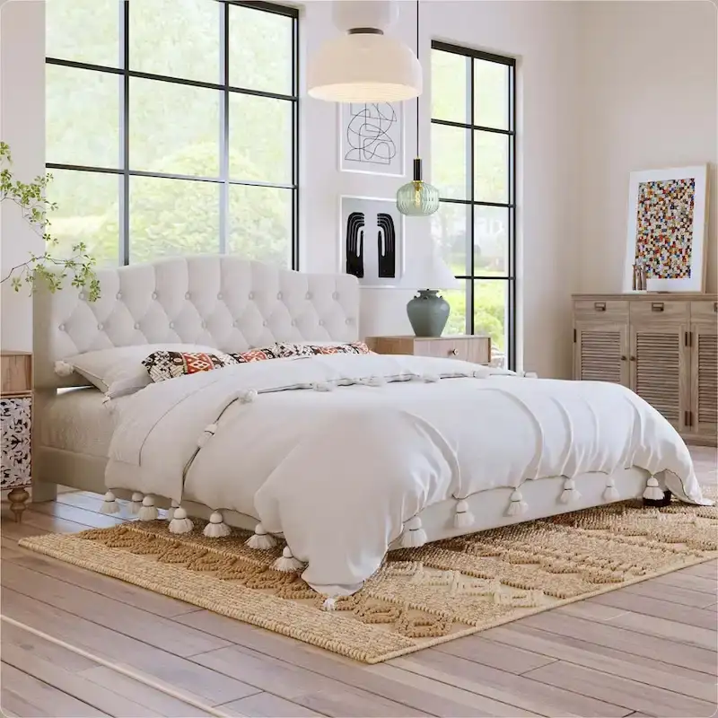 Beige King Upholstered Platform Bed, Saddle Headboard, Diamond Tufted, For 2
