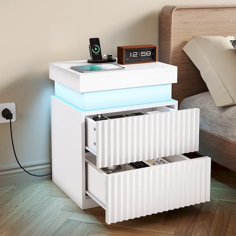 JASIWAY LED Night Stand Bedside Table with Charging Station- Set of 2