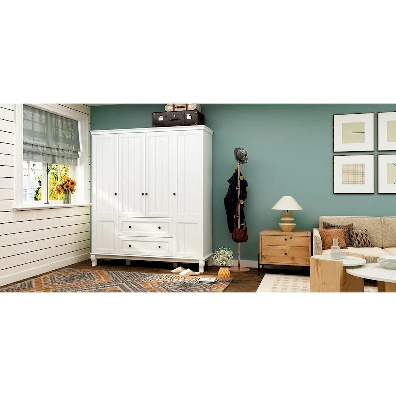 Home Traditional 2 Drawer Freestanding Wood Armoire in White Lacquer - 63Wx71.3