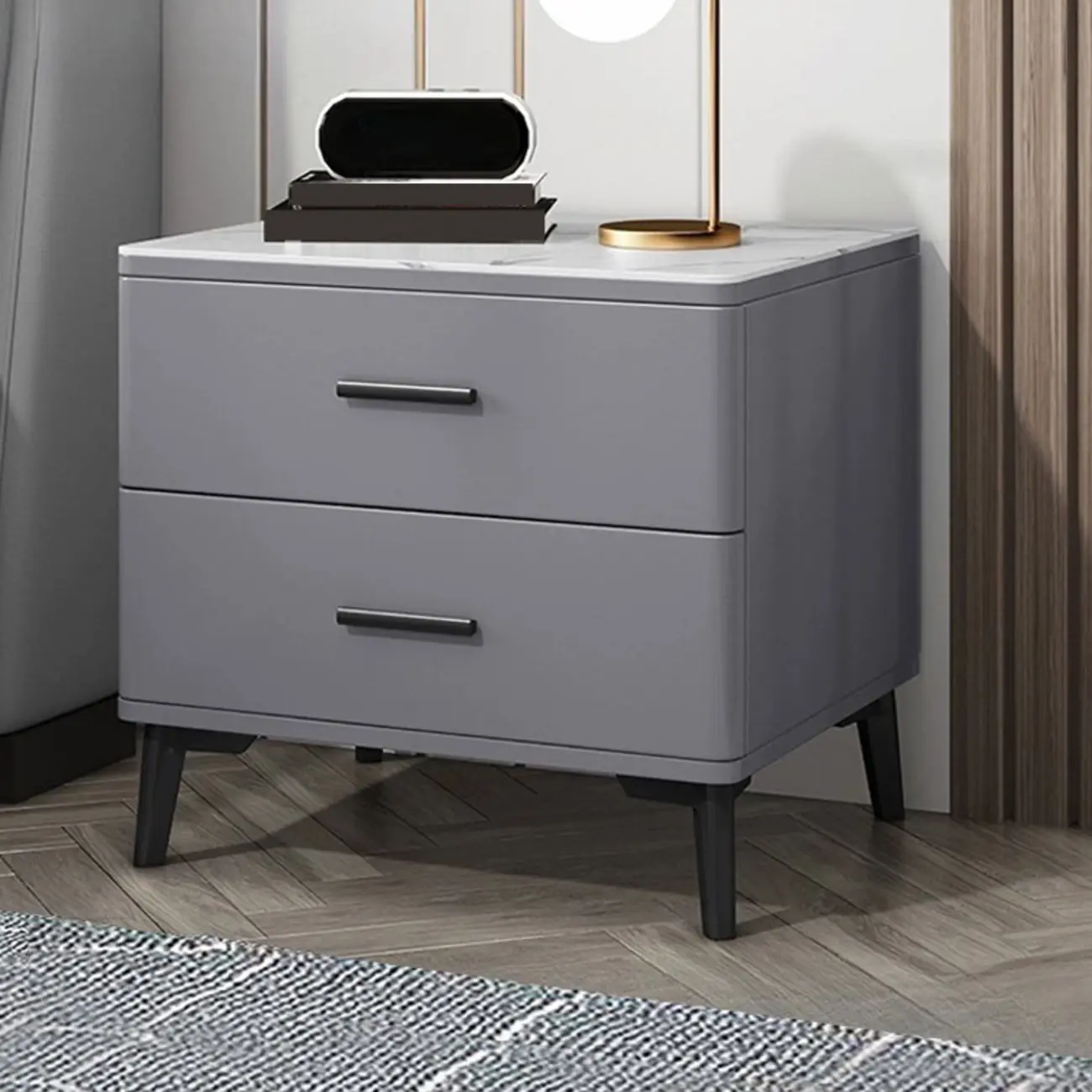 Modern White Stone Top Oak 2-Drawer Nightstand
