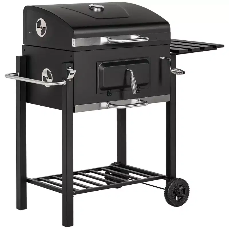 Outsunny Charcoal BBQ Grill, Outdoor Portable Cooker for Camping or Backyard Picnic with Side Table, Bottom Storage Shelf, Wheels and Handle