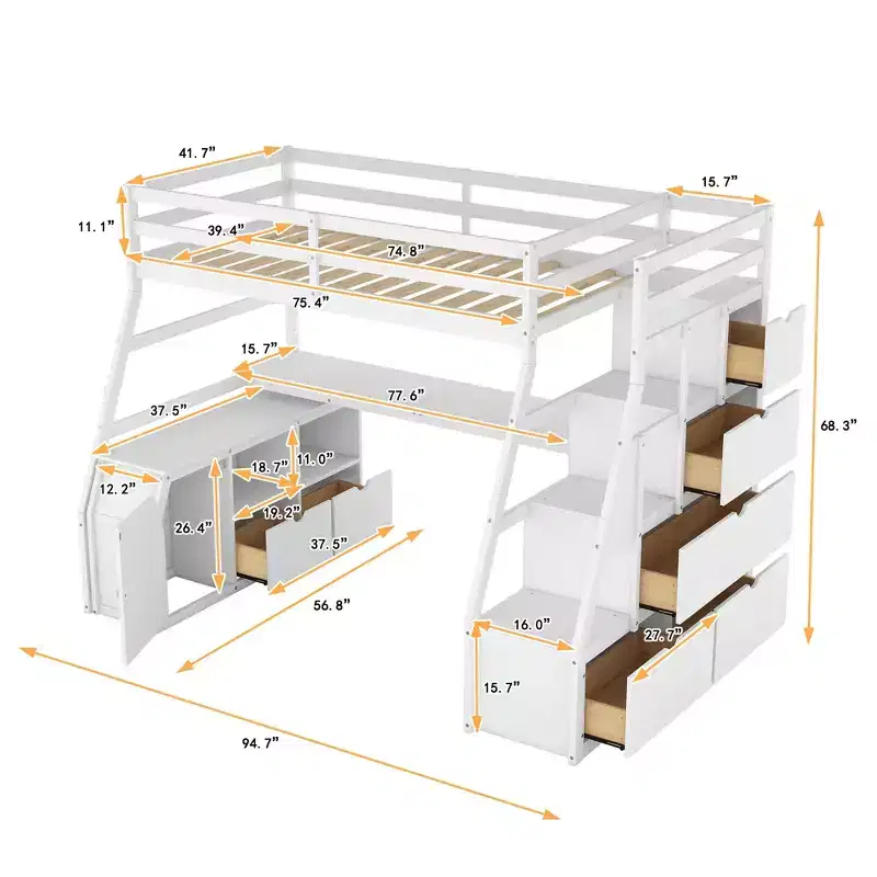 Luxystar Twin Size Loft Bed with 7 Drawers, 2 Shelves, Cabinet and Desk for Kids and Teens