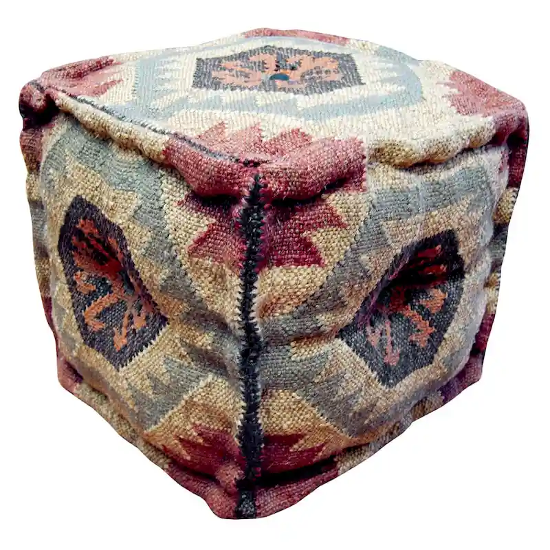 Handmade Kilim Upholstered Ottoman (India) - 16 x 16 x 16