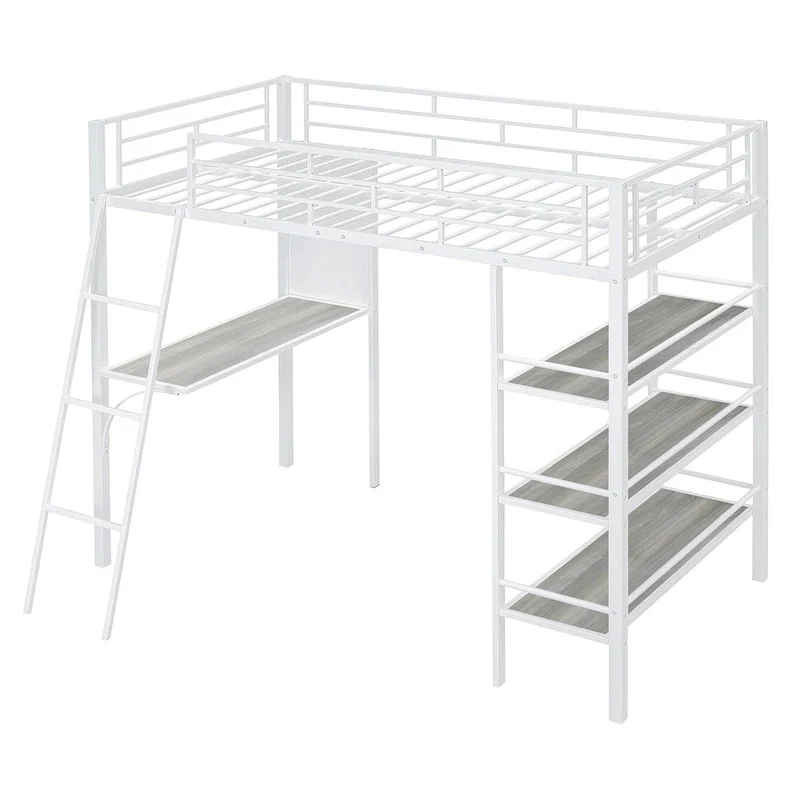 White Twin Loft Metal Bed with Shelves