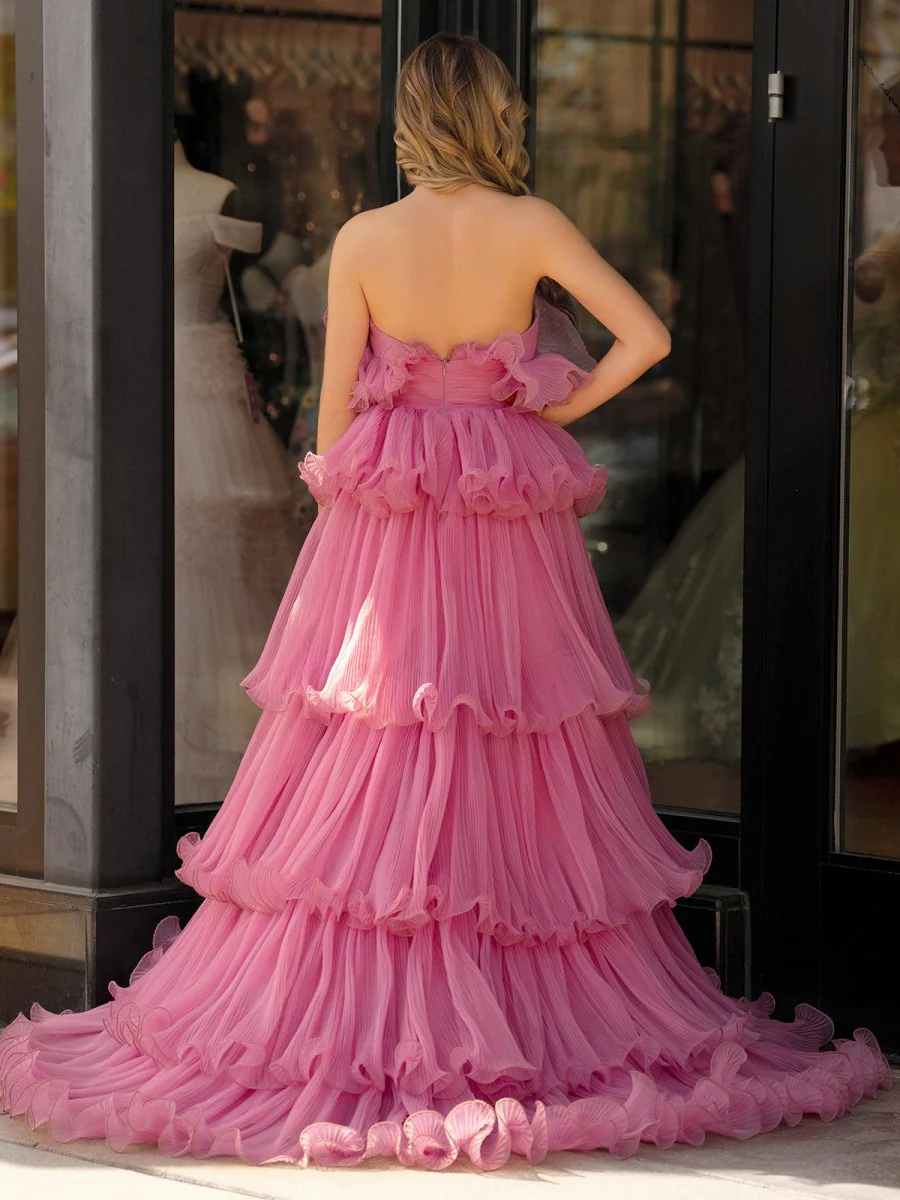 Pink Strapless A-Line Tiered Crinkled Tulle Prom Dress