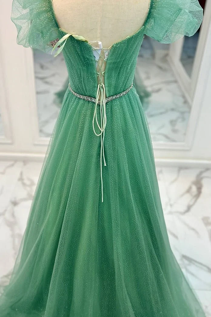 Sea Glass Tulle A-line V Neckline Off-Shoulder Long Prom Dress