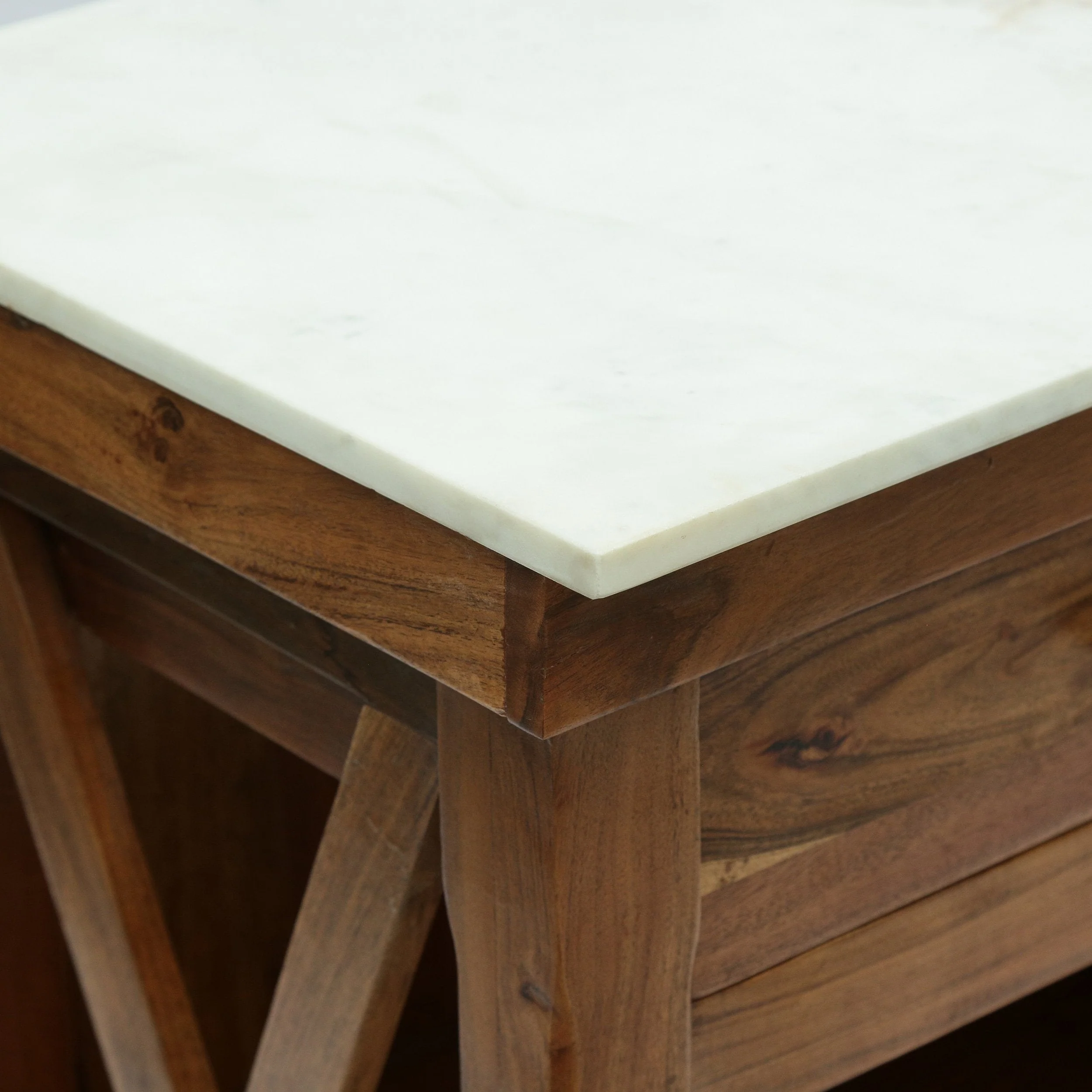 Rustic Glam Handcrafted Marble Top Acacia Wood Kitchen Cart with Wheels, Natural and Natural White - NH297413