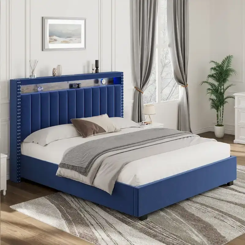Blue / Grey Queen Size Upholstered Storage Bed with LED Lights, 2-Person