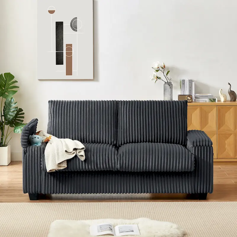 Dark Grey 71 Fabric Loveseat Sofa with Square Storage Armrest and USB port for Living Room