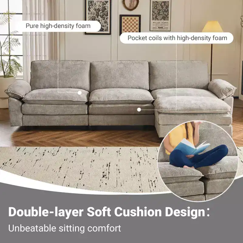 Karl Home |120 in. W Pillow Top Arm Double-layer Cushion Chenille Sofa in Brown With Ottoman