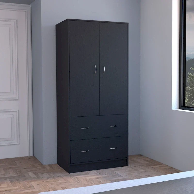 Black / White Engineered Wood Armoire with Double Doors, Hanging Rod and 2 Drawers