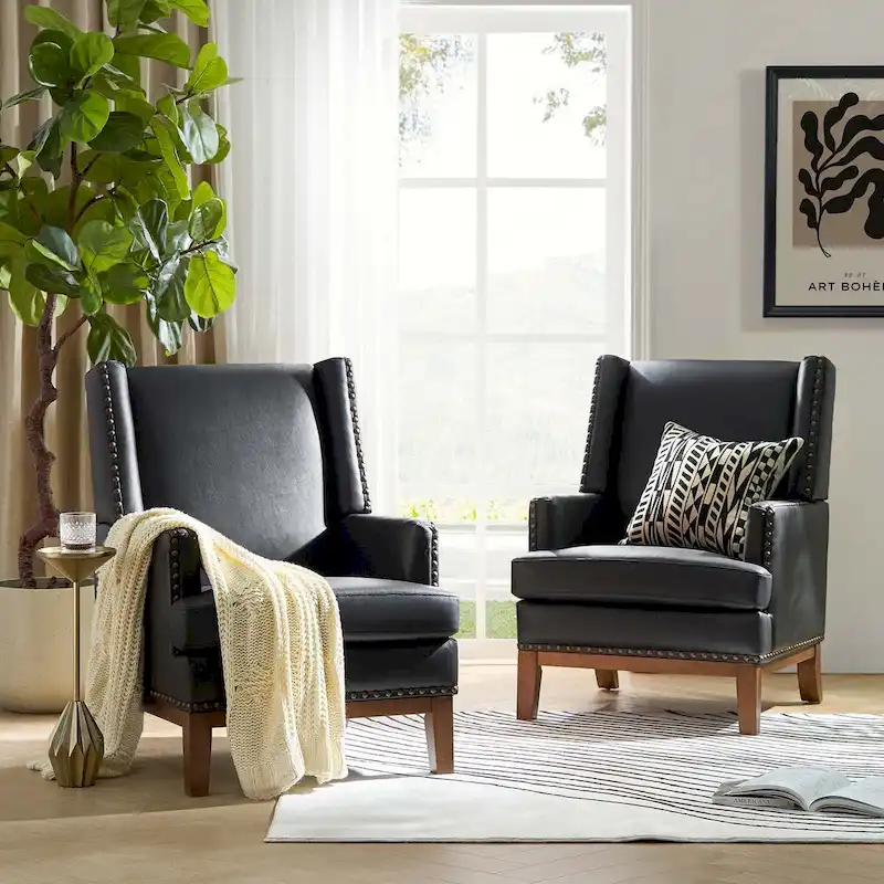 Lourdes Genuine Leather Armchair with Solid Wood Frame and Removable Seat Cushion,Set of 2 by