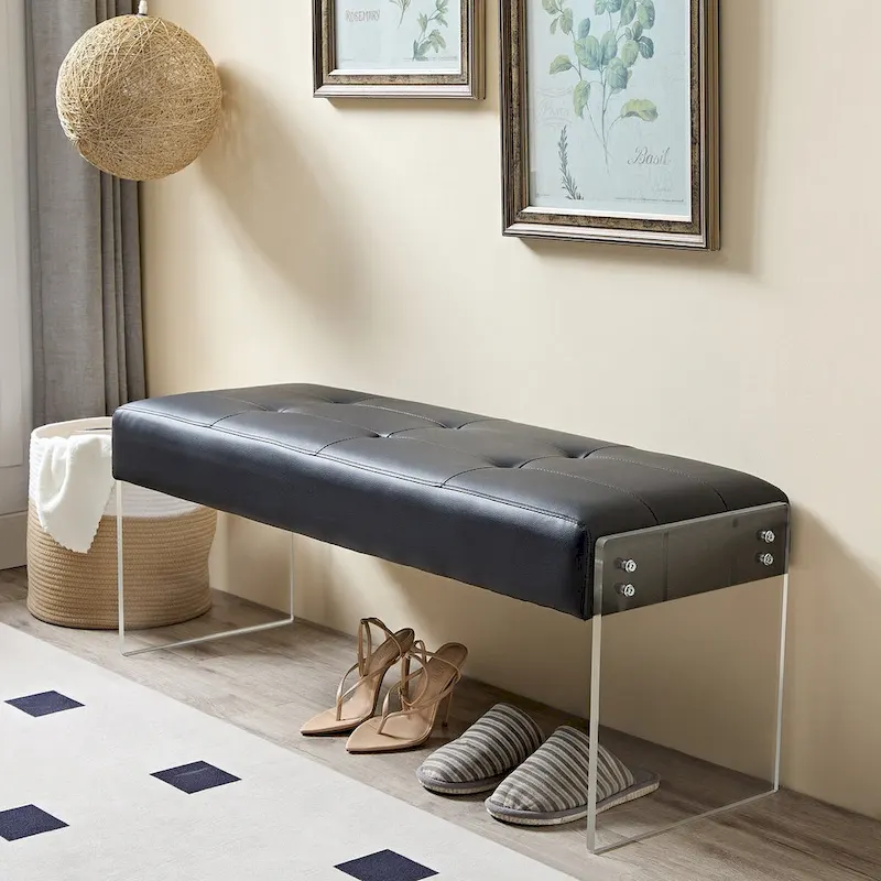 Faux Leather Upholstered Bench with Acrylic Base — 44.7