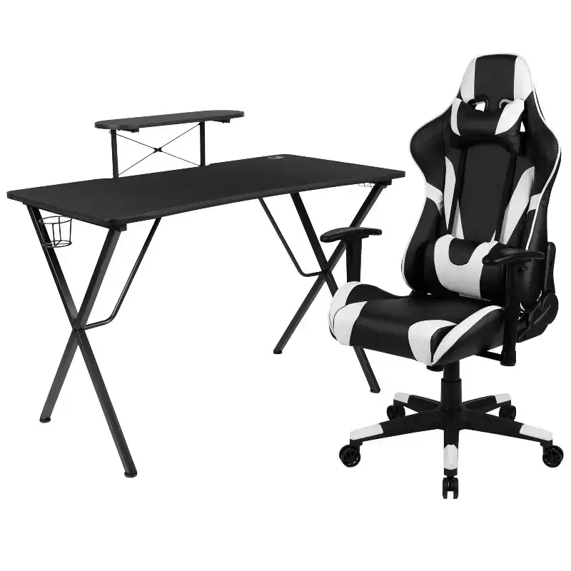 BlackArc Delta Gaming Setup: Reclining Chair with Lumbar Support & Headrest; Desk with Detachable Headphone Hook/Cupholder & Monitor Stand