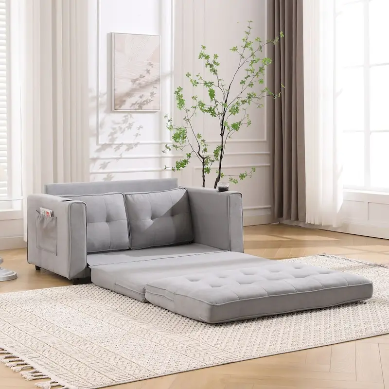 Oaks Aura Upholstered Futon Sofa with Pull-Out Sleeper Couch, Muticolour Choice Foldable Tufted Loveseat With Cup Holder
