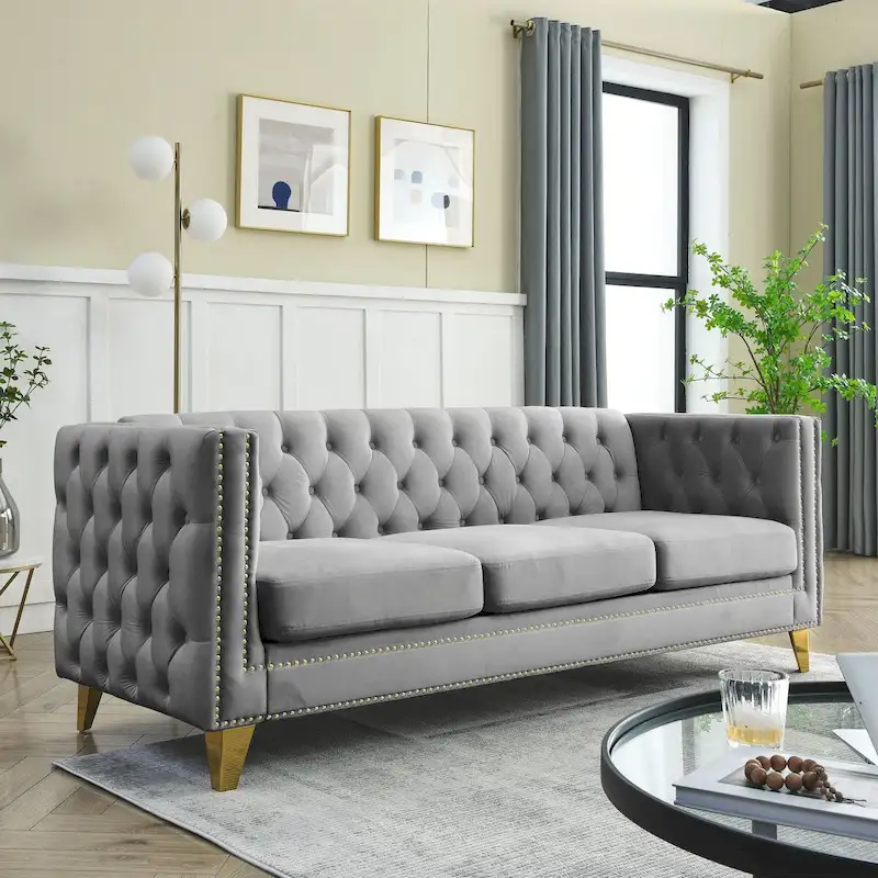 Velvet Upholstered 3 Seat Sofa,  Tufted Square Arm Sofa with Nailheads and Metal Legs