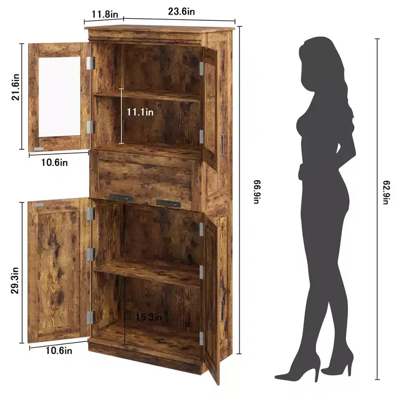 67 Tall Freestanding Bathroom Storage Cabinet, Adjustable Shelves, Space-Saving Organizer, for Bathroom, Kitchen
