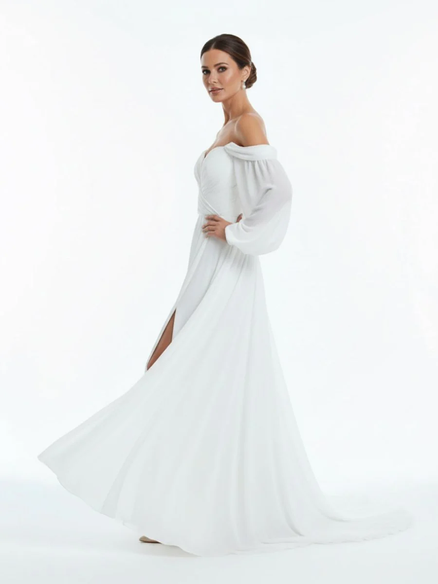 A-Line Sweetheart Long Sleeves Chiffon Sweep Train Wedding Dress