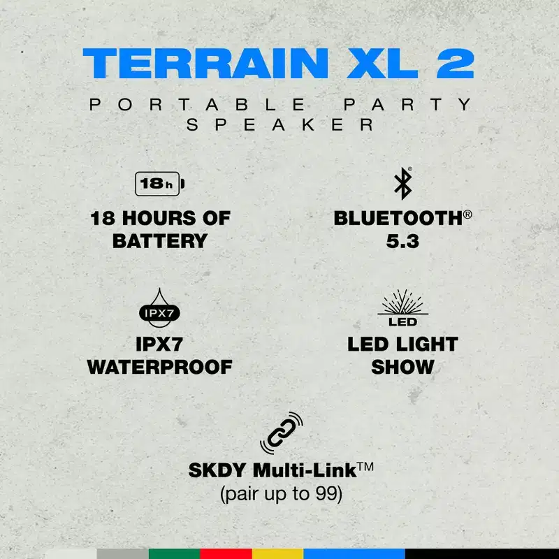 Skullcandy Terrain XL 2 Wireless Bluetooth Speaker, IPX7 Water Resistant, 18H Battery, Multi-Link, LED Light Show, Portable, Black