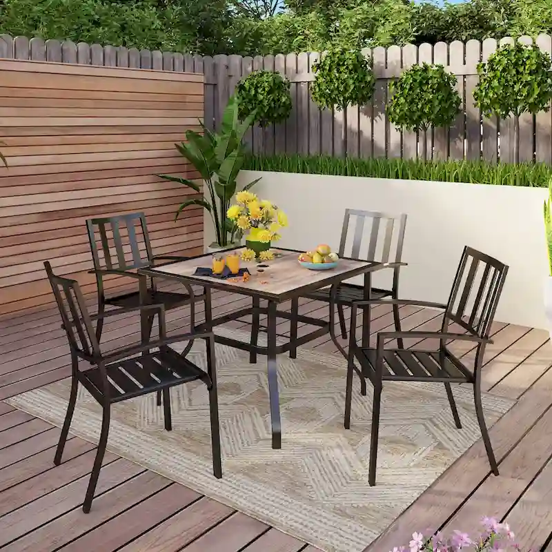 MAISON ARTS 5-piece Faux Wood Table and Metal Stackable Chairs Patio Set - 5-Pieces Sets