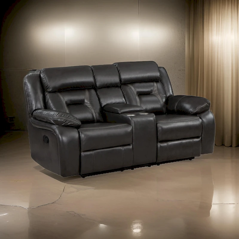 Millie 76 Inch Manual Dual Recliner Loveseat, Cupholders, Gray Faux Leather