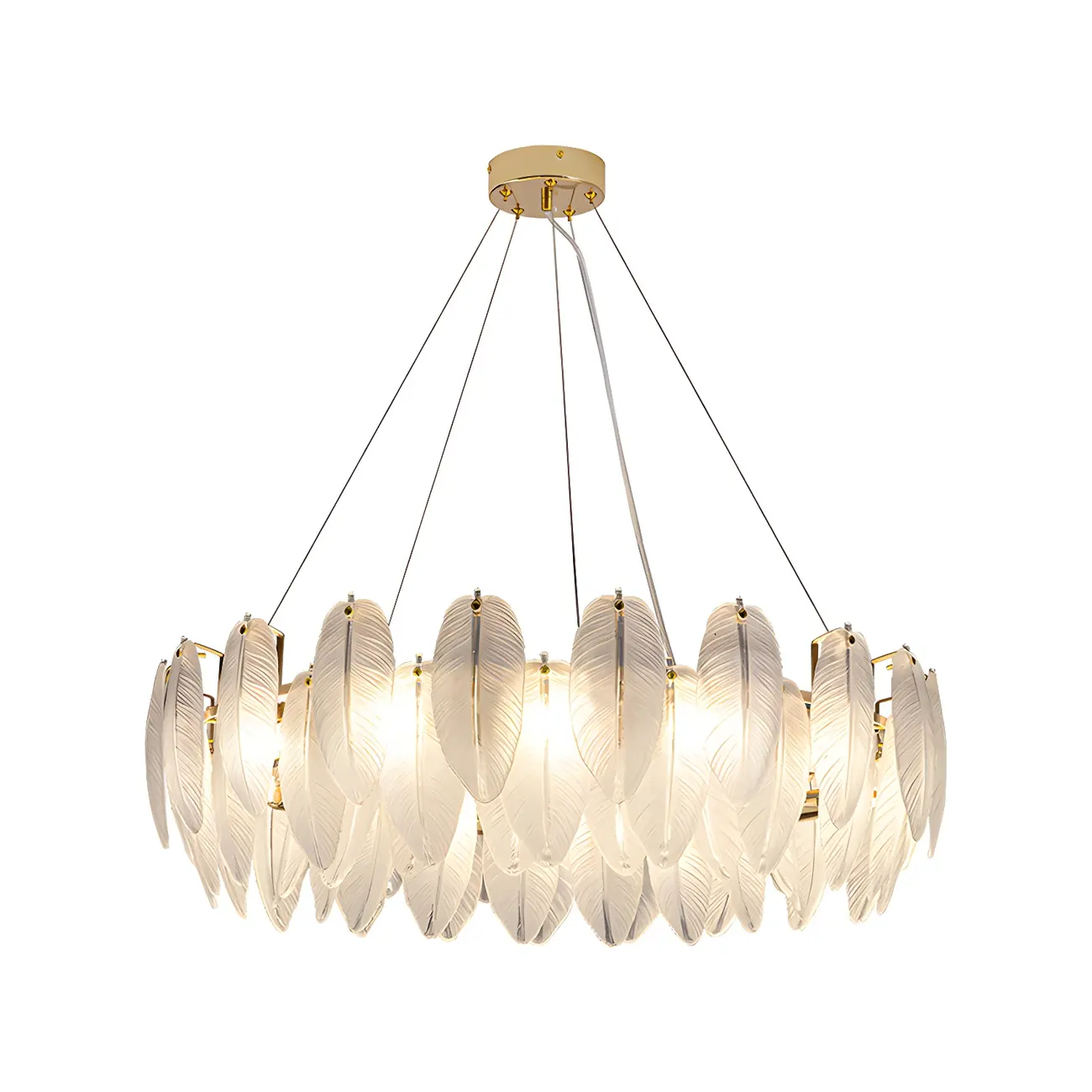 Elegant White Glass Feather Round Chandelier