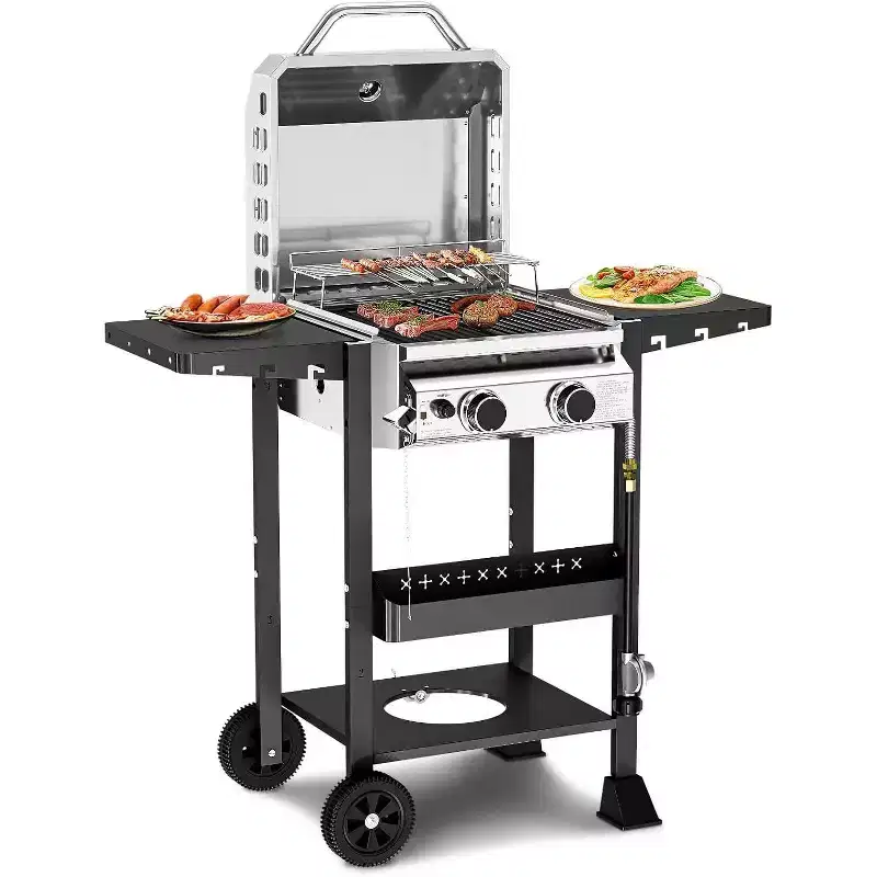 R.W.FLAME 2-Burner Propane Gas Grill, 16,000 BTU Stainless Steel BBQ with Folding Side Tables  Portable Outdoor Grill for Patio, Backyard & Camping