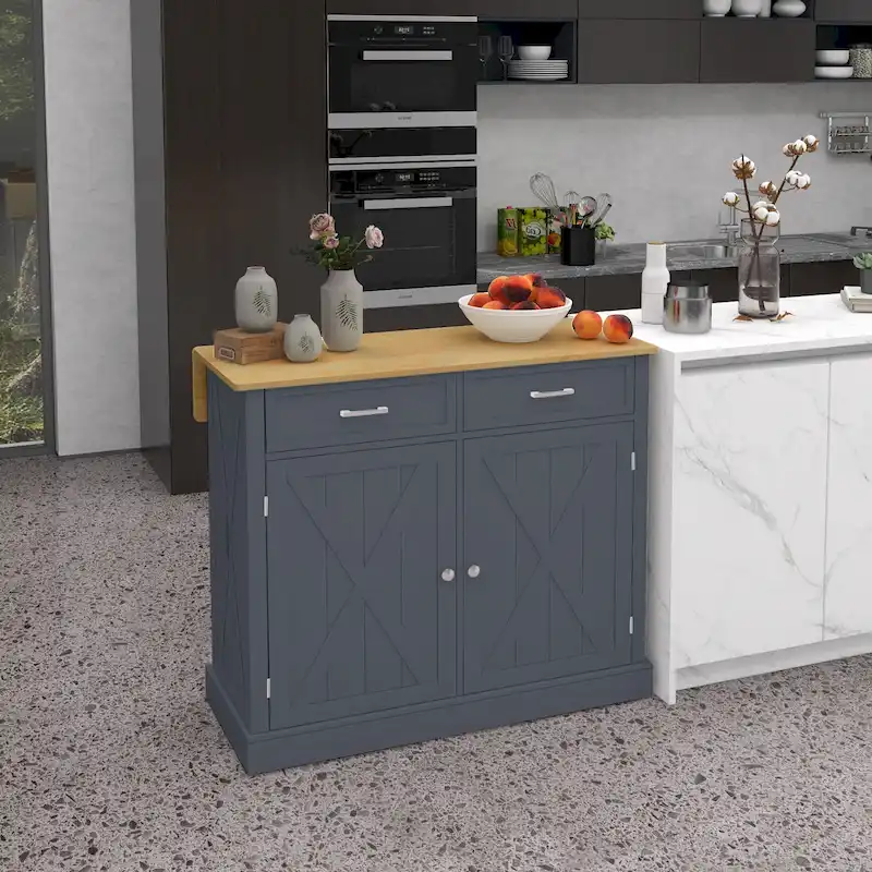 HOMCOM Rolling Kitchen Island with Drop Leaf Wood Breakfast Bar, Farmhouse Kitchen Cart with 2 Drawers, Dark Gray