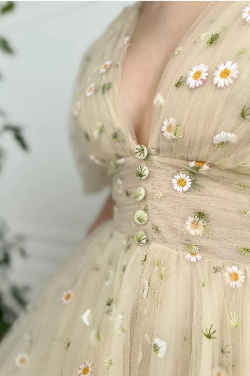 A-line V Neck Sea of Daisies Dress Engagement Ankle Length Half Sleeve Tulle with Buttons Pleats