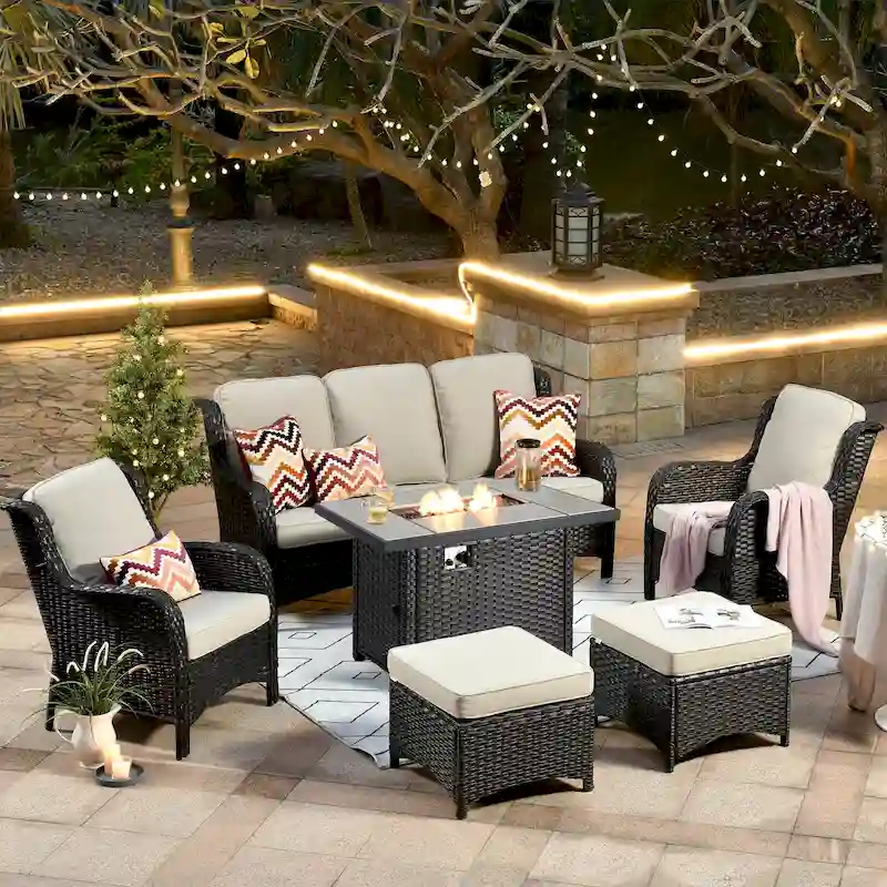 OVIOS 6-piece Patio Wicker Furniture Set With 42 Fire Pit Table
