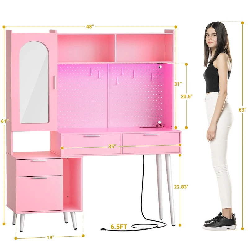 Makeup Vanity with Pegboard and Hutch, Bedroom Vanity Table with Charge Station and LED Light - N/A