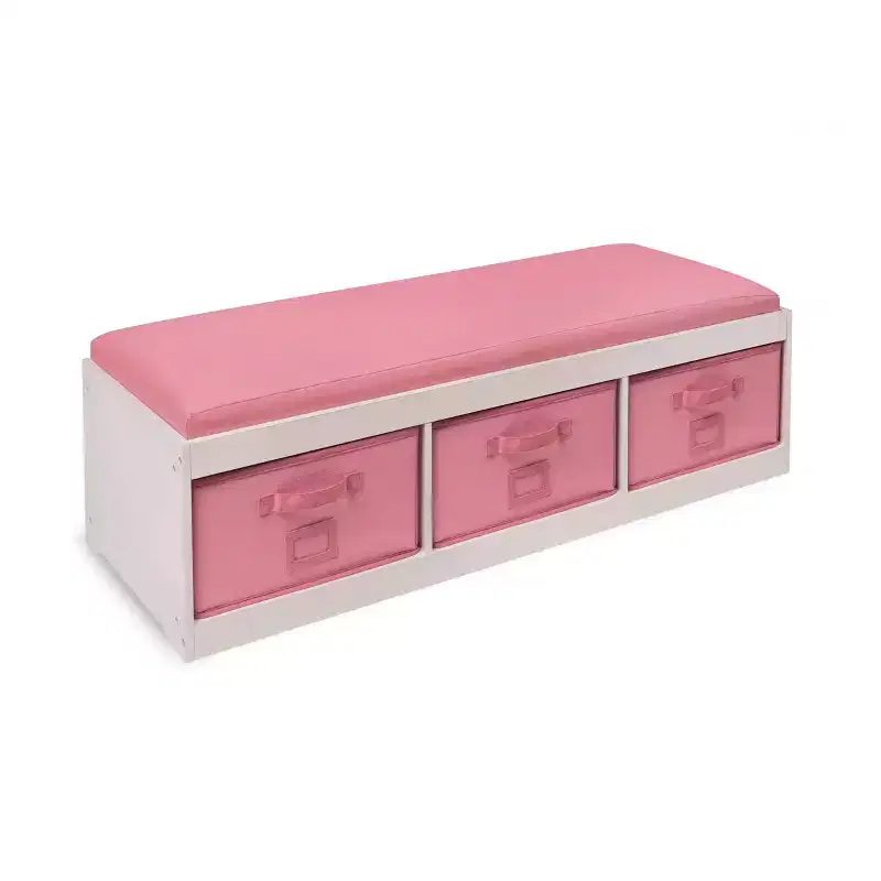 Badger Basket Kids' Storage Bench with Cushion and Three Bins White with Pink